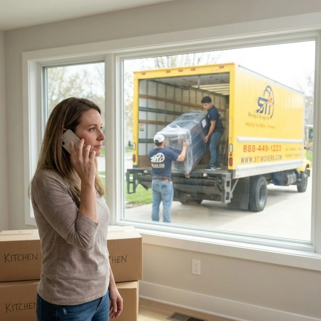 Customer scheduling same-day moving and junk removal while STI Movers crew loads furniture for immediate service